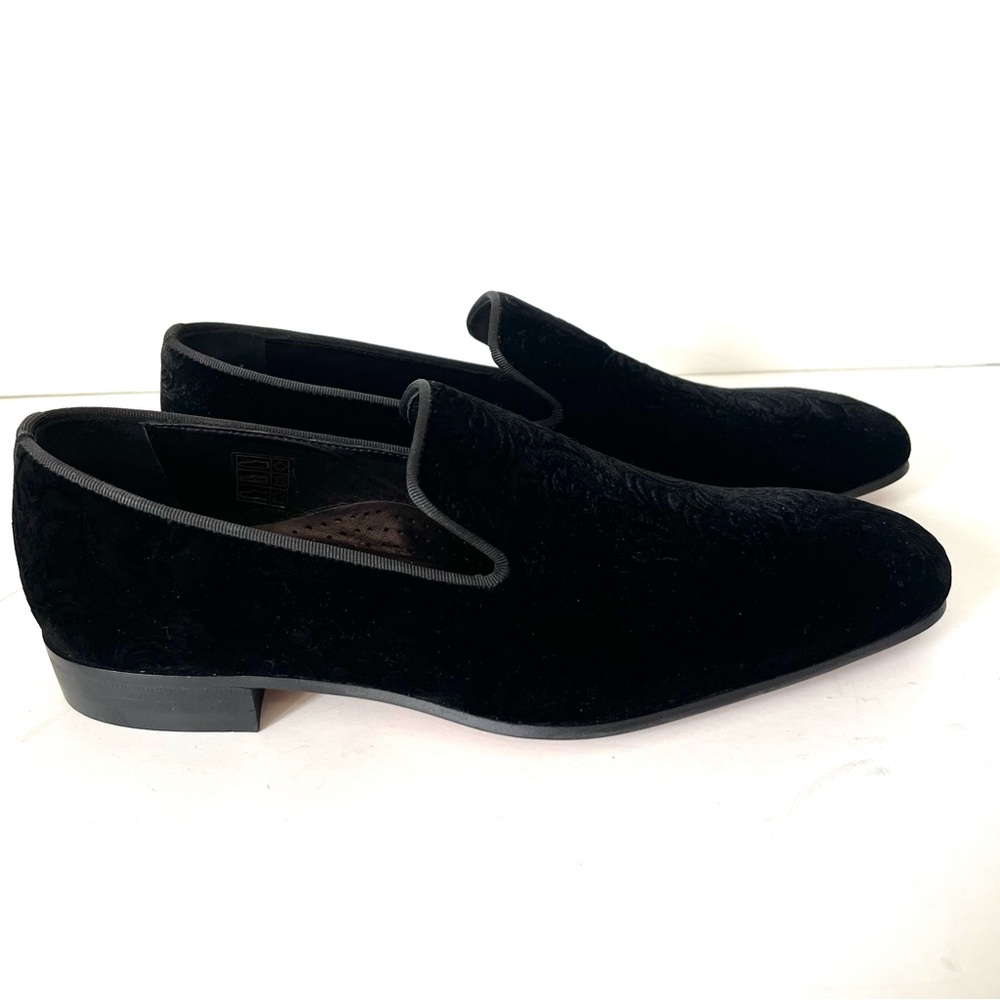 Paul Fredrick Mens Black Velvet Paisley Print Italian Loafers Shoes Size 8.5